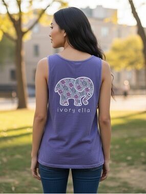 ivory ella Purple Tank with Floral Elephant Graphic